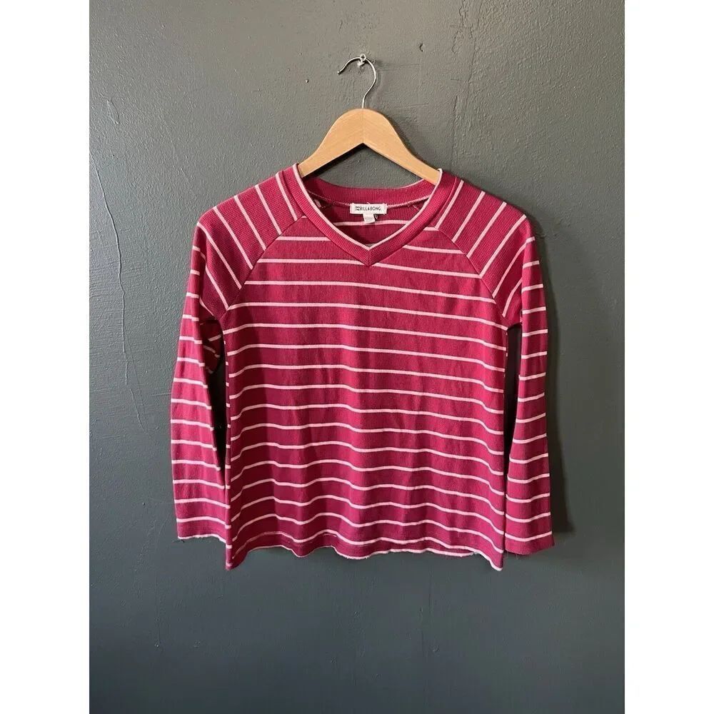 Billabong Womens Red Striped Long Sleeve V-neck Shirt Size Large